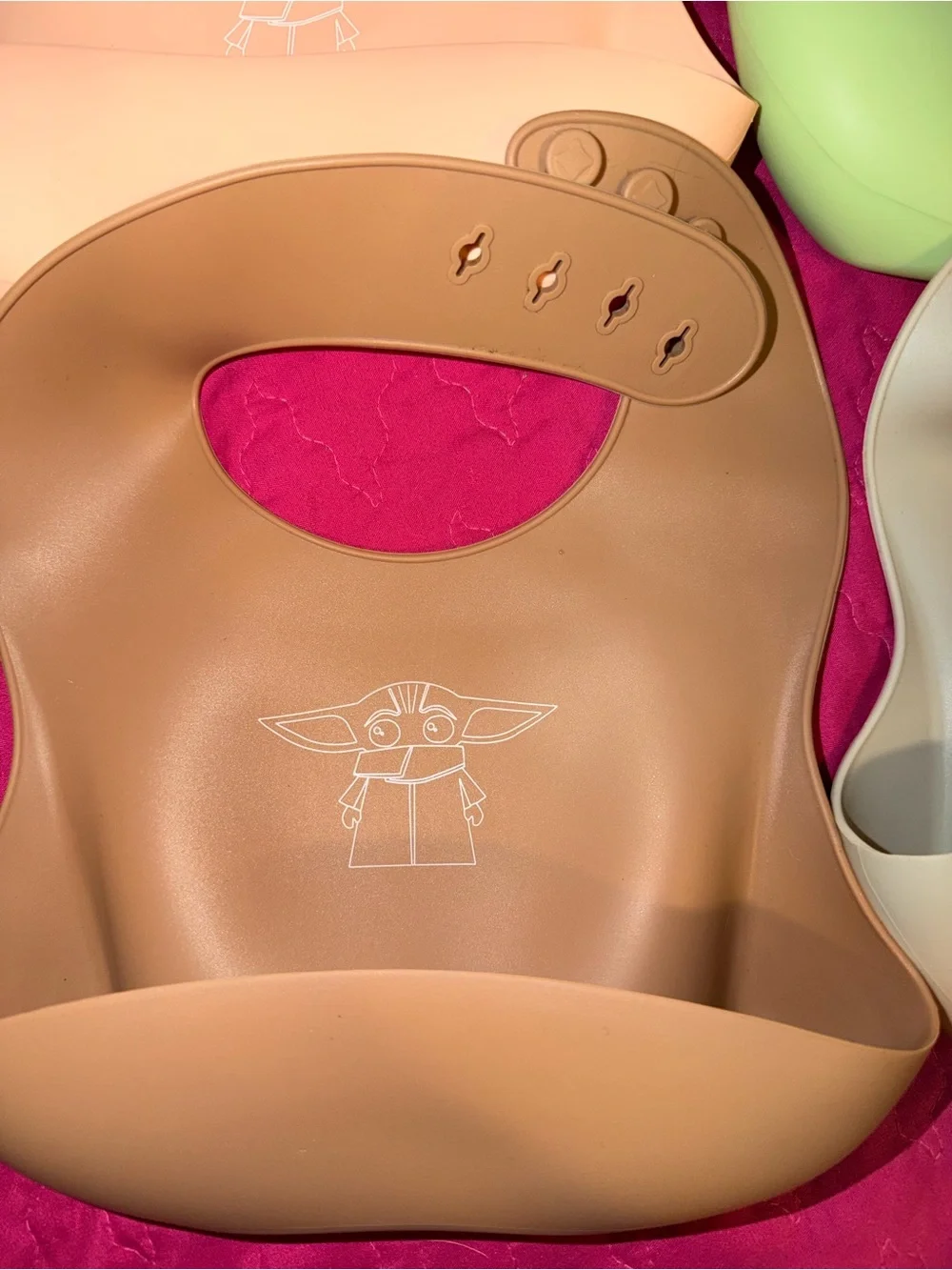 Silicone Baby Bib with Catch Pocket - Green, Pink, Brown, Cream
